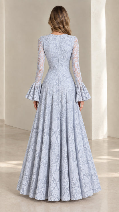 Back view of the Dusty Blue floor-length lace gown with flared sleeves
