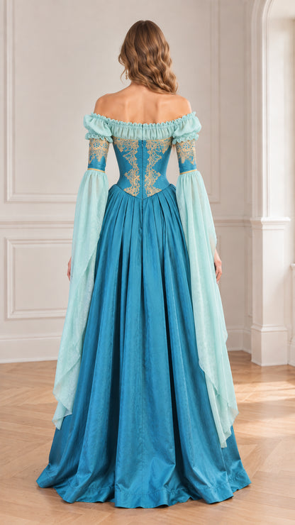 Back view of woman wearing blue Renaissance maxi dress showing pleated skirt and sleeve drape