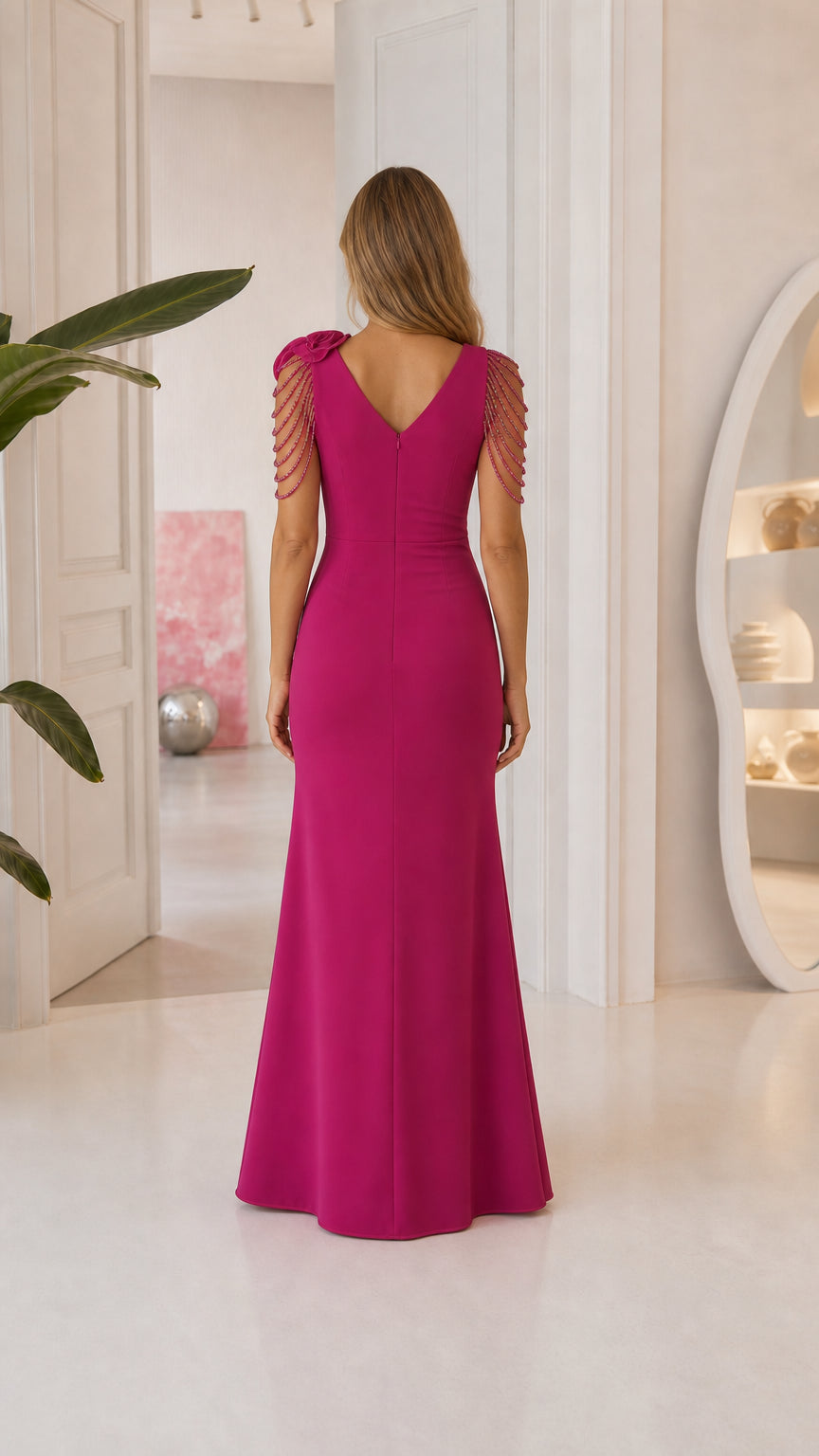 Back view of fuchsia floor-length evening dress