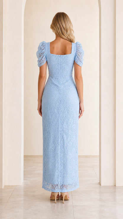 Light Blue square back lace evening dress rear view