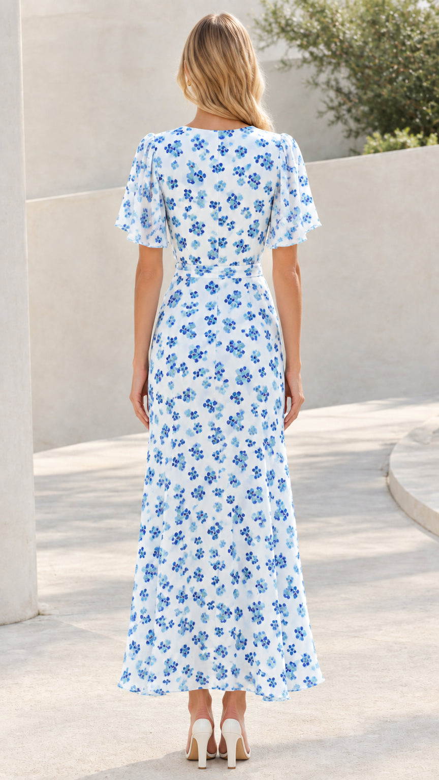 Back view of model showing tailored fit and flutter sleeves of White Blue floral dress