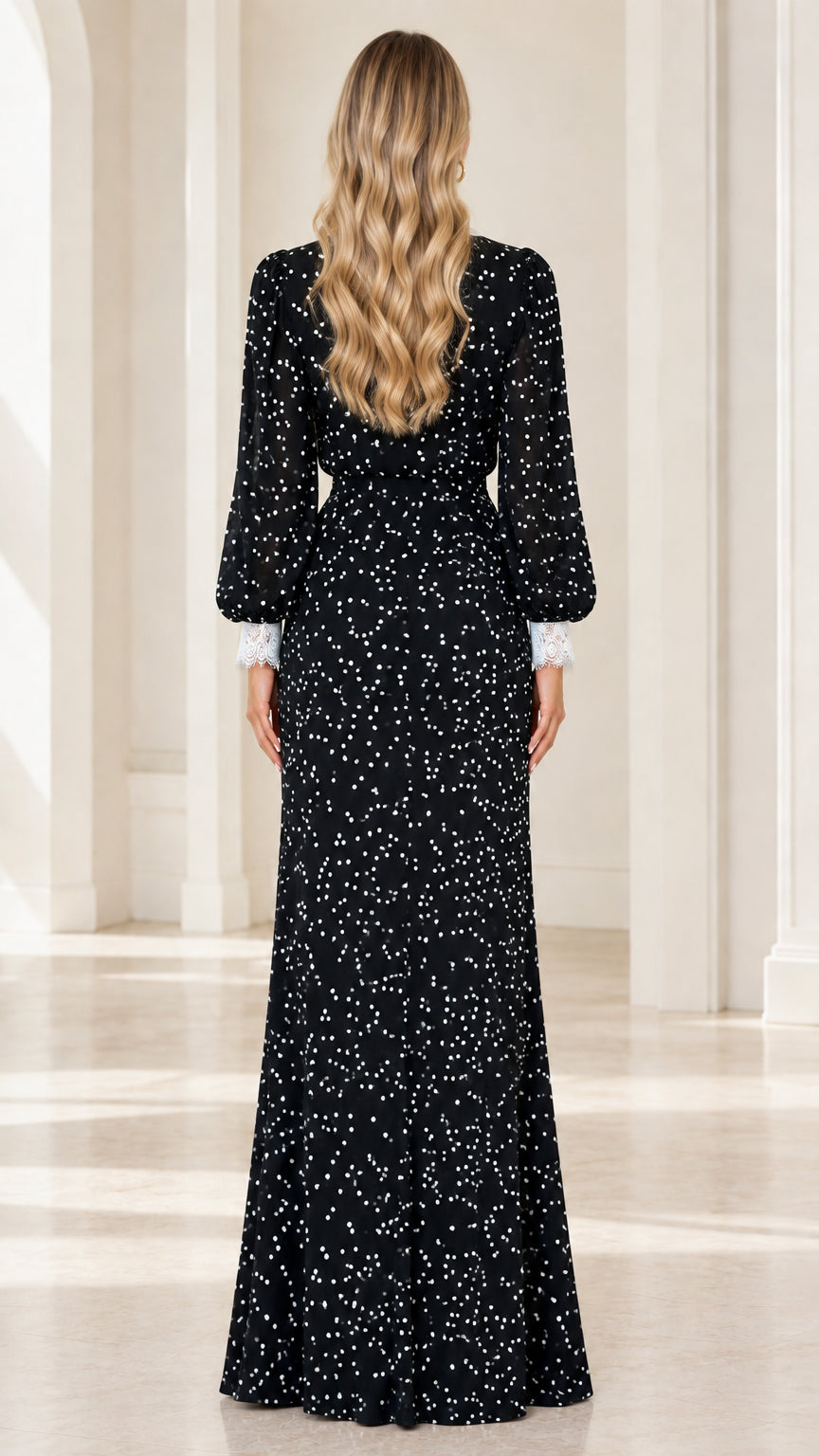 Back view of model in black polka dot floor-length dress