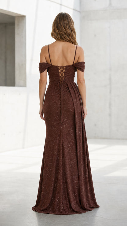 Back view of brown evening gown showing lace-up corset detail
