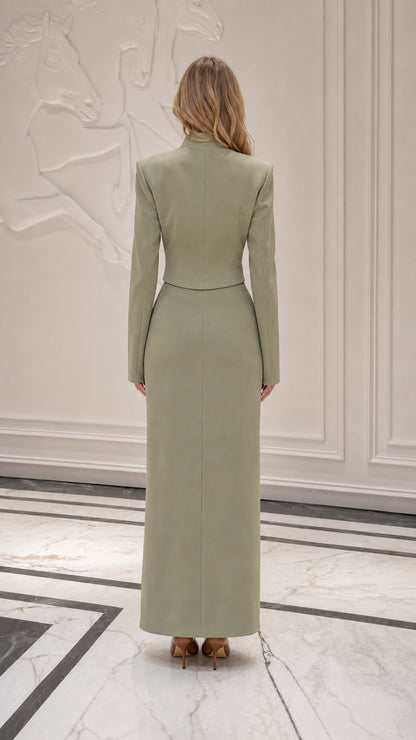 Back view of model wearing sage green matching set