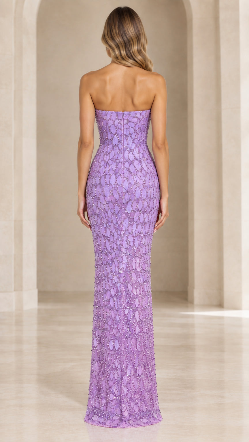 Back view of model wearing Lavender strapless floor-length evening dress