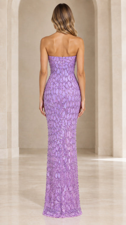 Back view of model wearing Lavender strapless floor-length evening dress