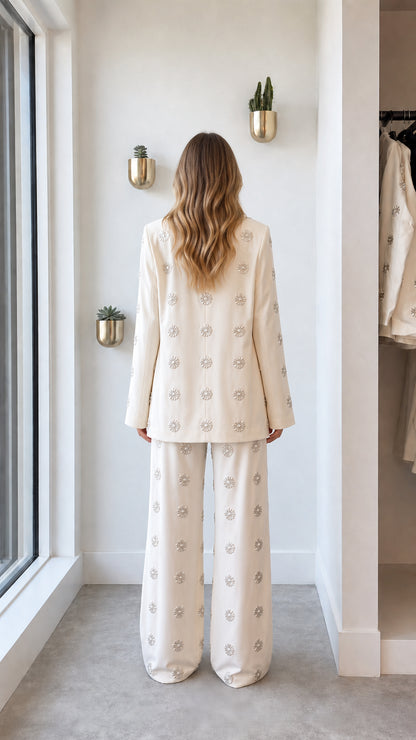 Back view of cream rhinestone pant suit set