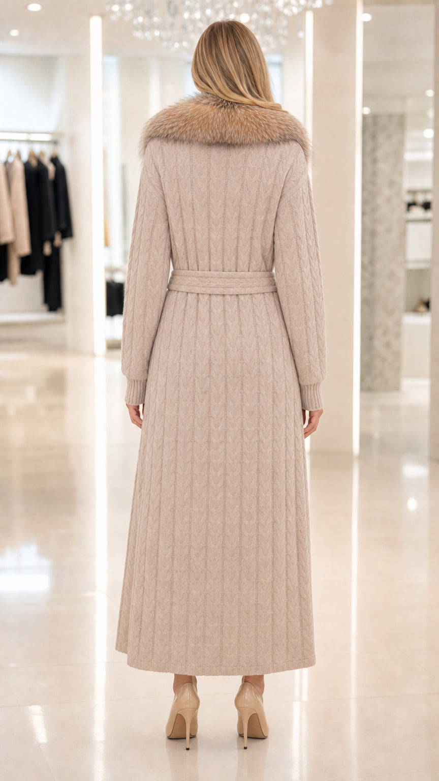 Back view of woman wearing beige floor-length cable knit coat with matching waist belt