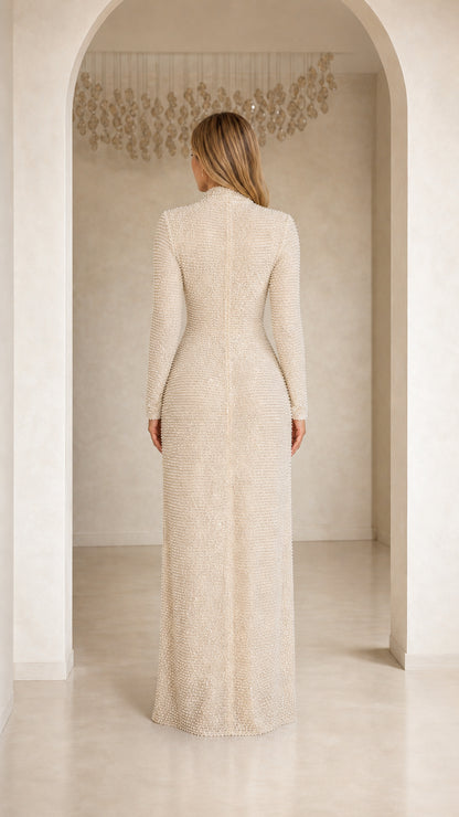 Back view of model in Champagne evening gown