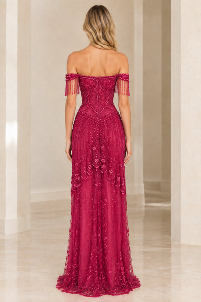 Back view of magenta off-the-shoulder beaded evening gown