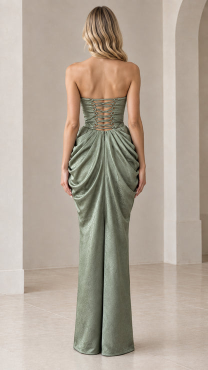 Back full-length view of Sage Green evening gown highlighting lace-up corset detail