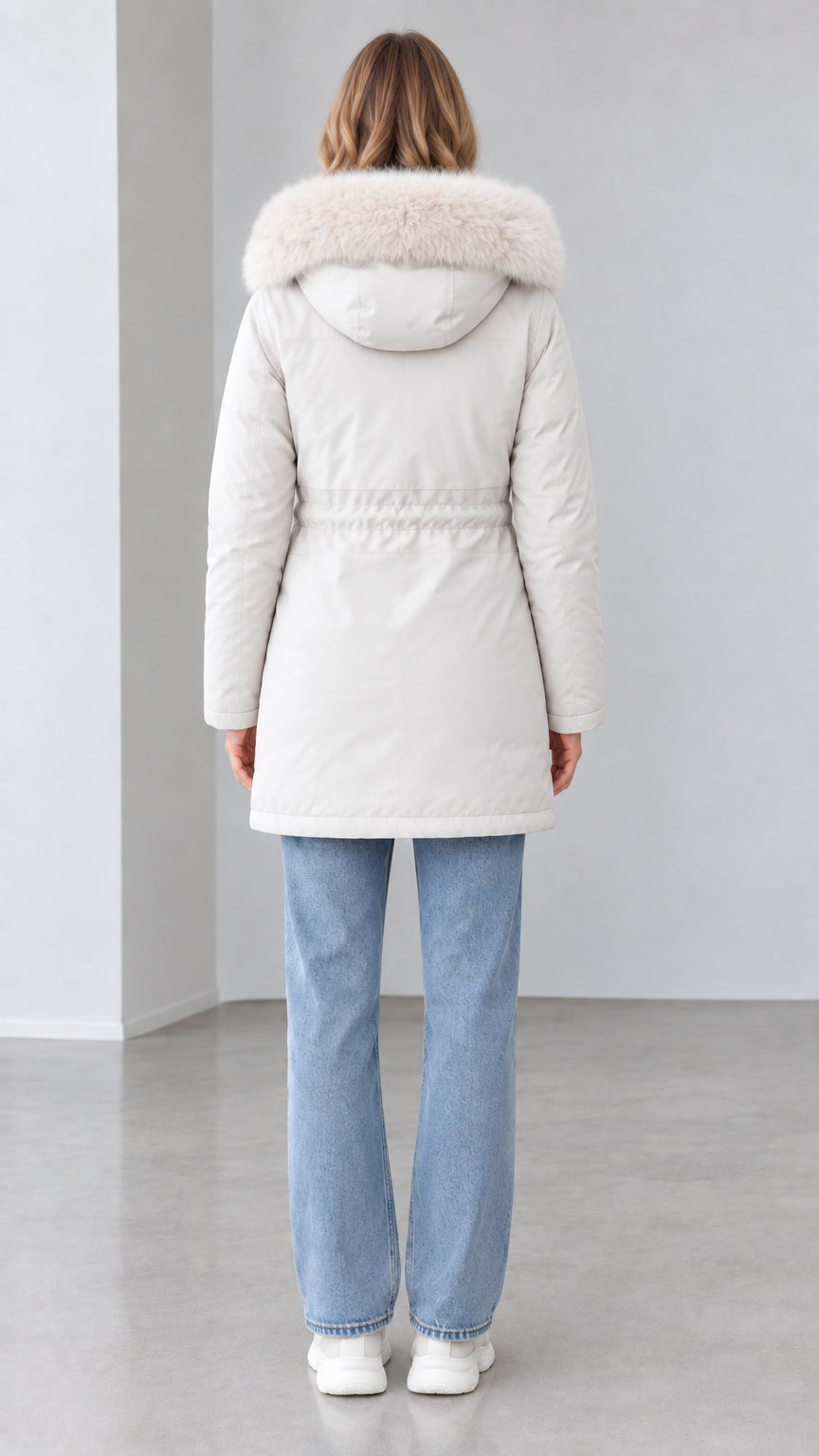 Back view of women's off-white mid-length parka with faux fur trimmed hood