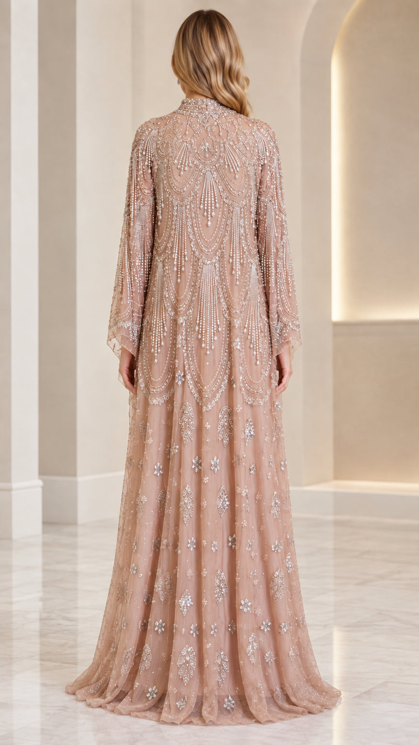 Champagne long sleeve sequin evening gown back view