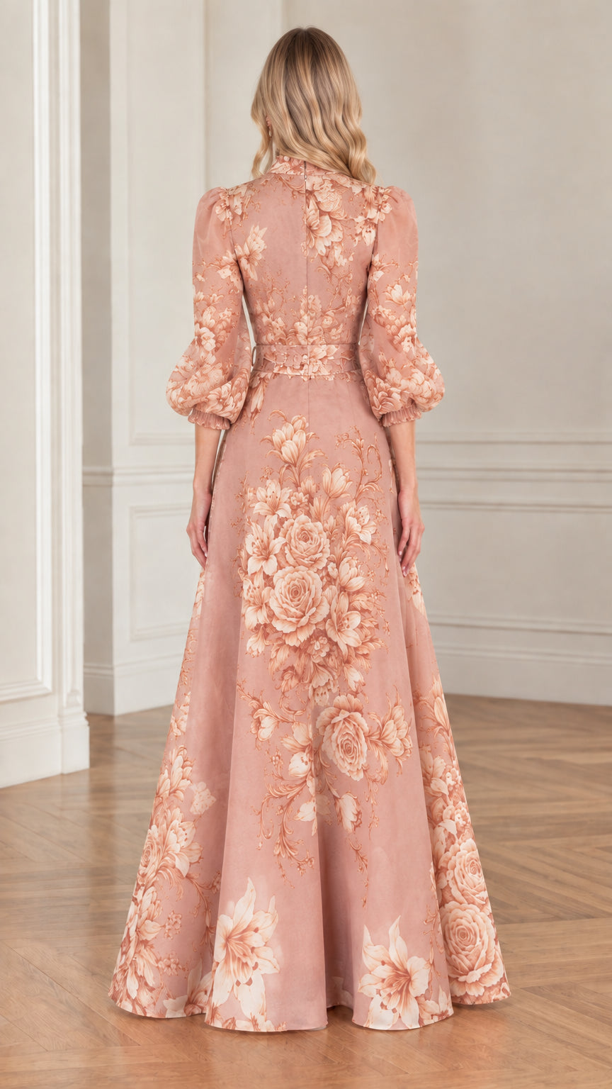 Back view of woman wearing dusty rose vintage floral maxi dress with balloon sleeves