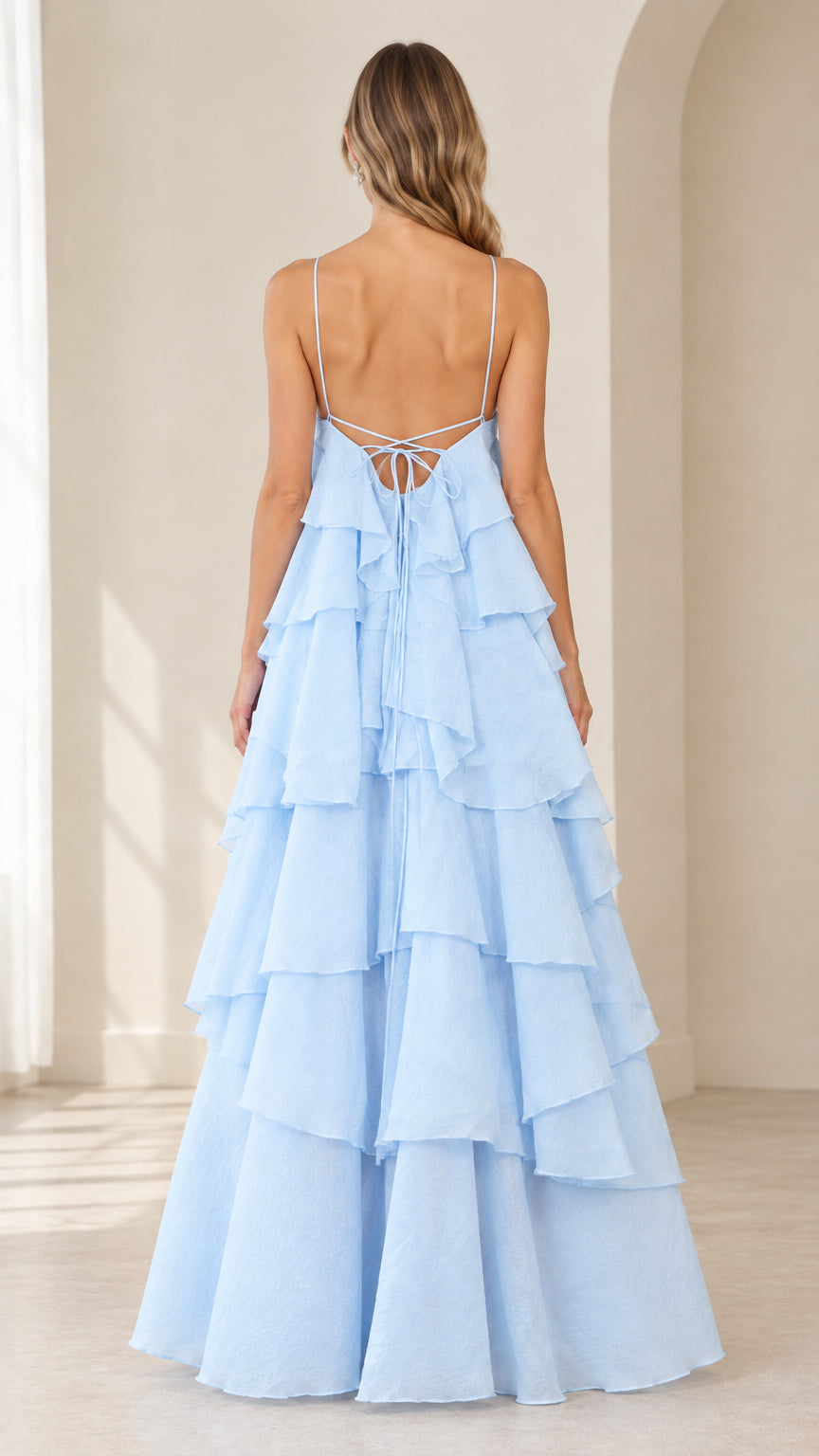 Back view of Sky Blue halter dress showing open back and lace-up ties
