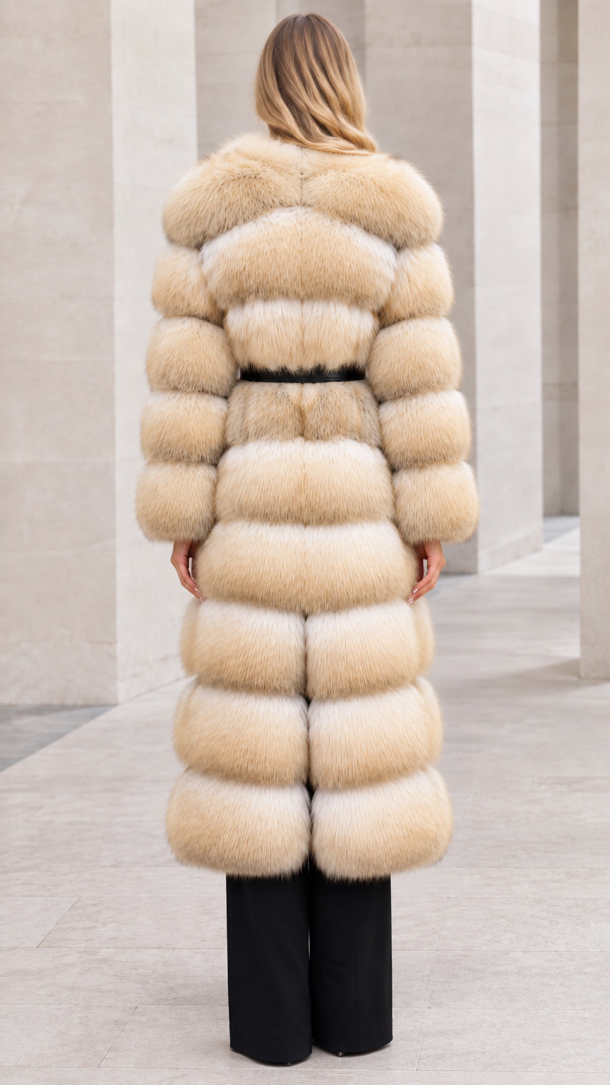 Back view of woman wearing full-length horizontal tiered golden beige faux fur coat
