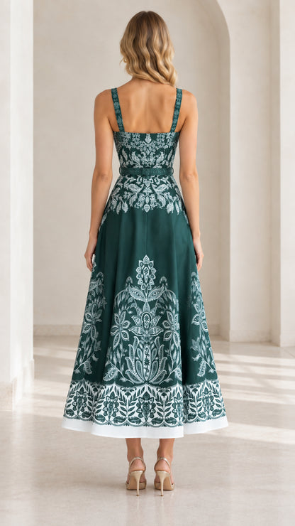 Emerald Green sweetheart A-line dress back view on model