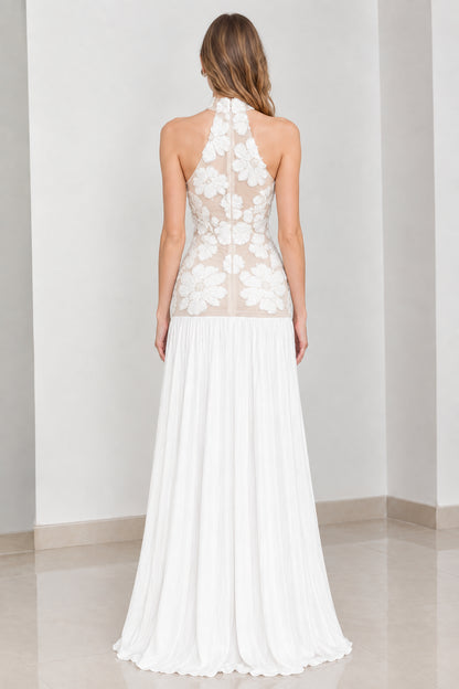 Back view of white halter neck embroidered evening maxi gown
