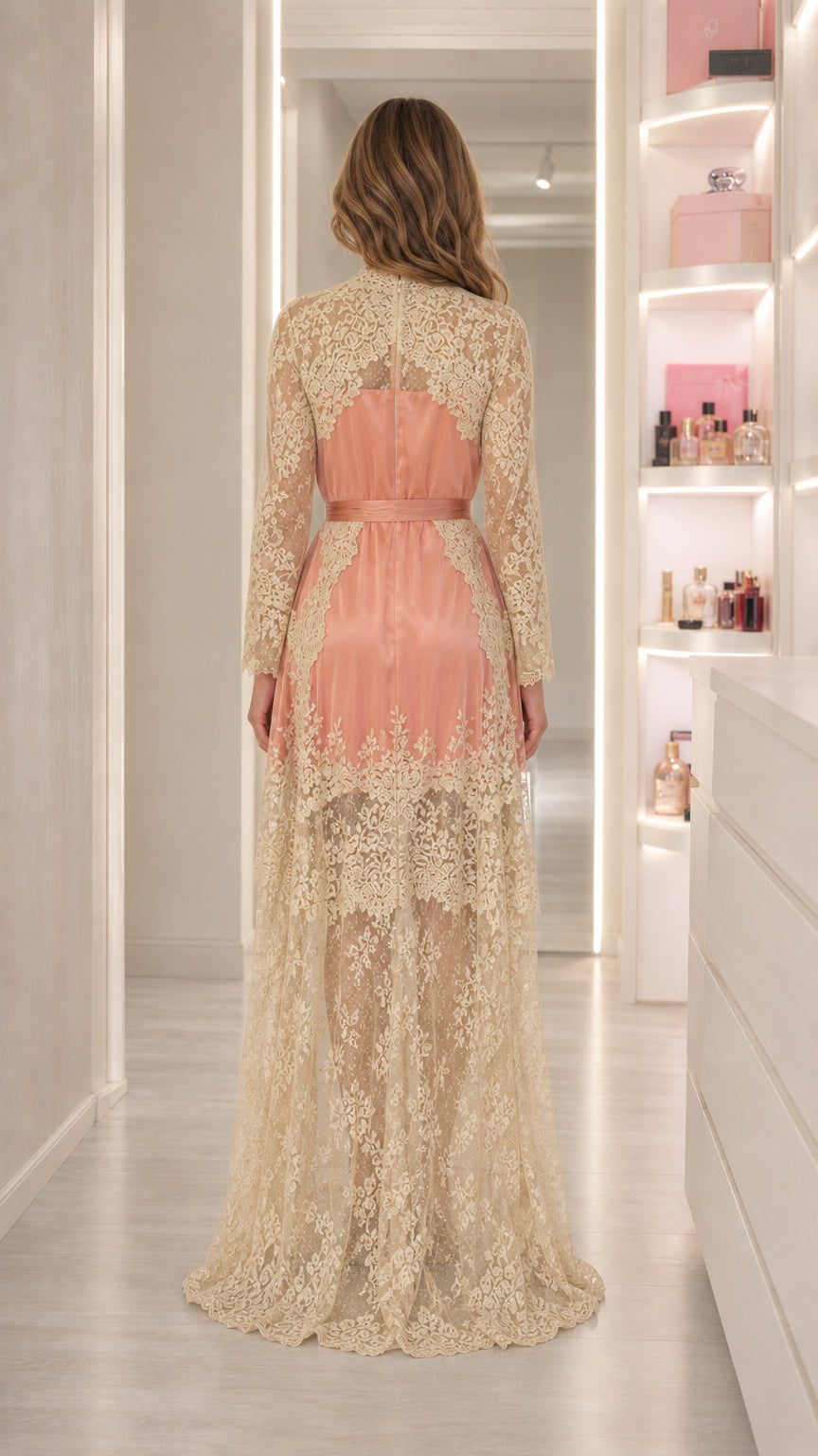 Back view of Dusty Rose evening dress featuring full-length sheer lace overlay