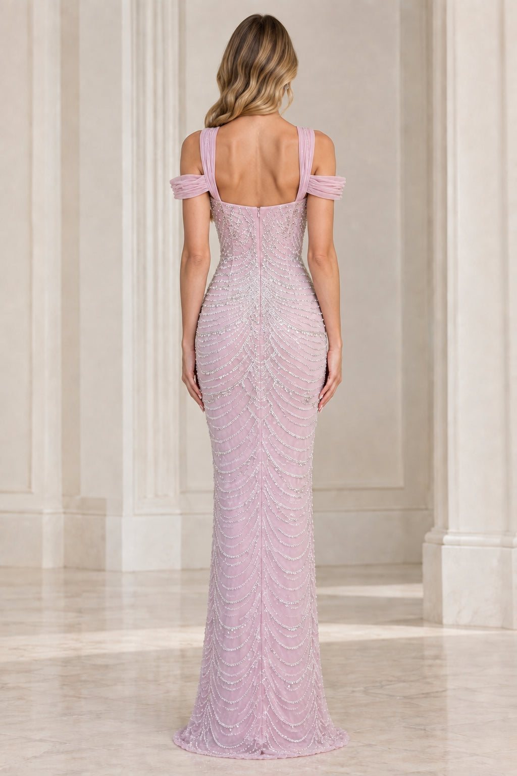 Rear view of lavender evening dress showing square back design and beaded patterns