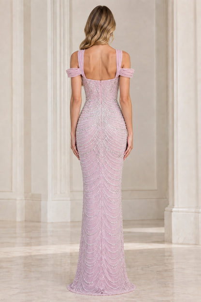Rear view of lavender evening dress showing square back design and beaded patterns