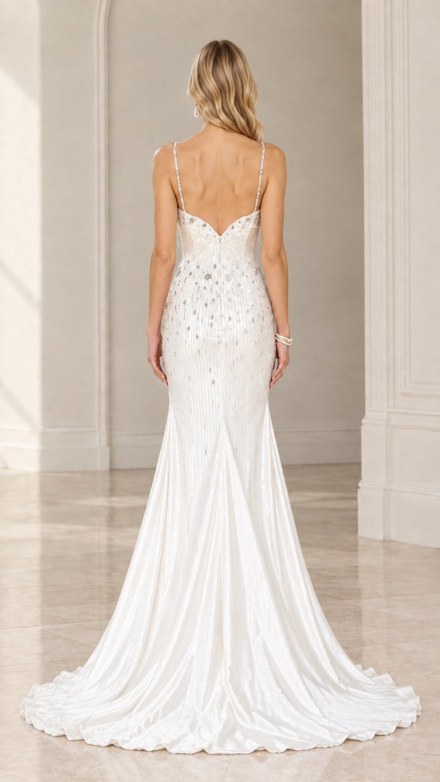 Back view of ivory satin evening dress with low back and train