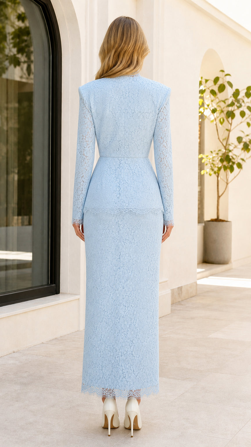 Back view of sky blue long sleeve lace maxi dress showing column silhouette