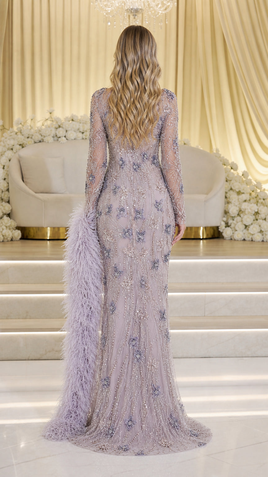 Lavender embellished evening gown back view with feather stole