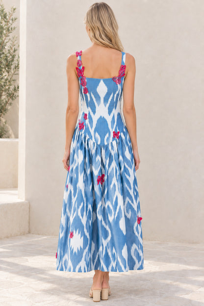 Back view of blue ikat maxi dress showing square back neckline and straps