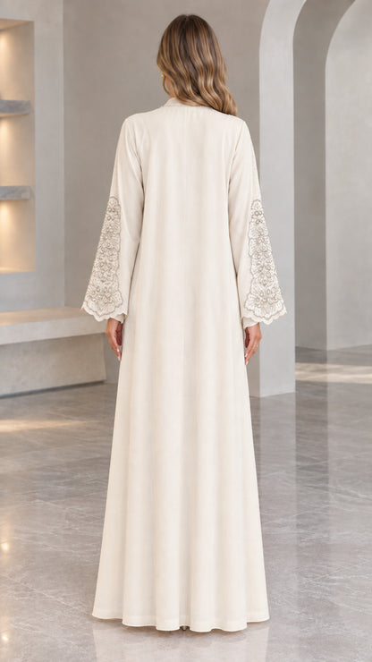 Back view of Cream floor-length modest abaya dress