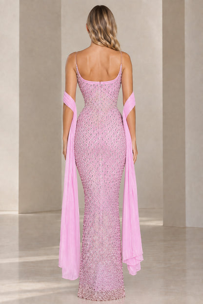 Pink beaded corset formal dress with draped chiffon shawl back view