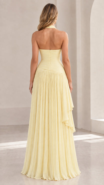 Back view of Butter Yellow open-back halter evening dress showing zip closure