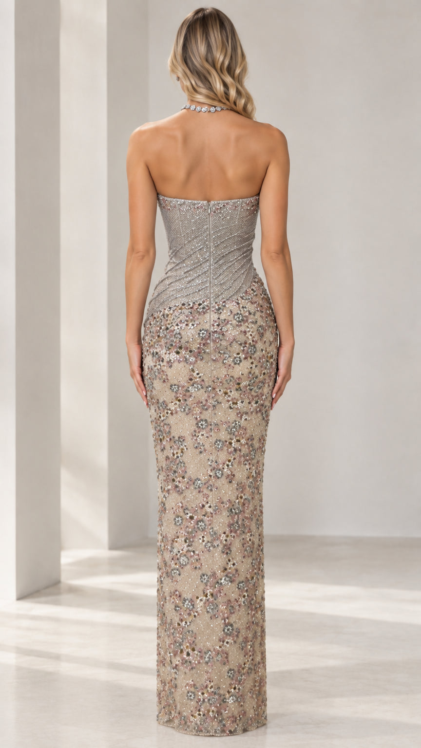 Back view of Champagne Silver strapless floor-length evening dress