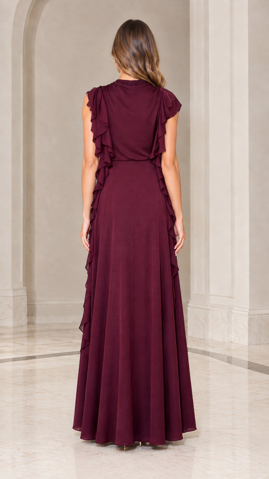 Burgundy sleeveless high neck formal gown back view