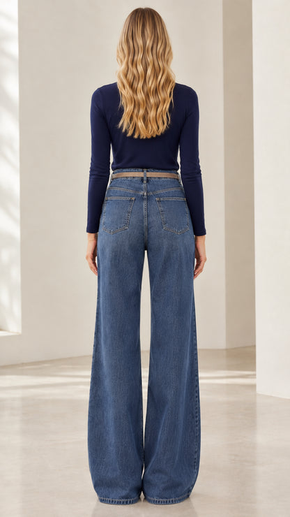 Back view of model wearing Classic Blue high waist wide leg jeans