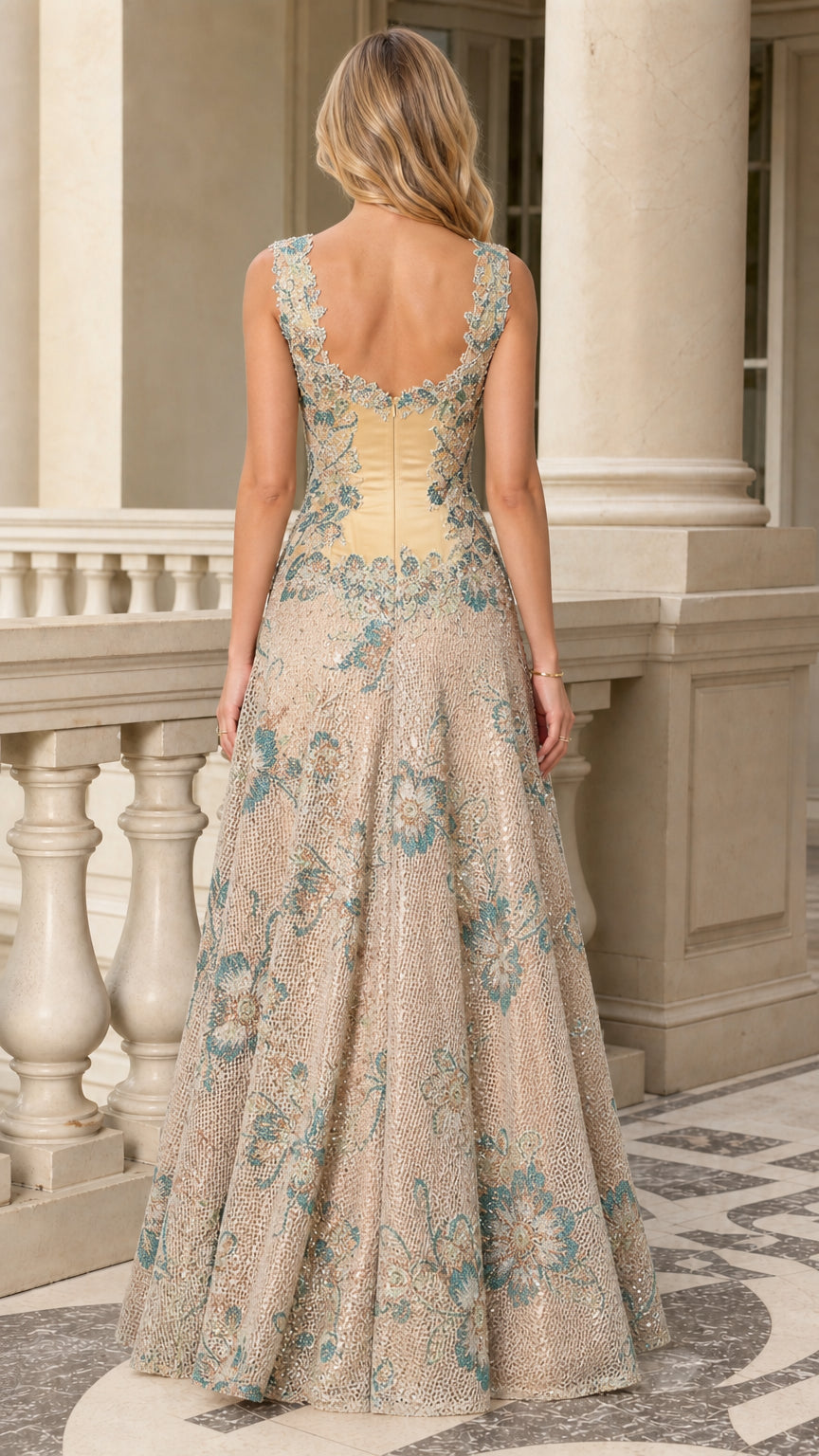 Back view of Champagne floral sequin evening gown showing low scoop back