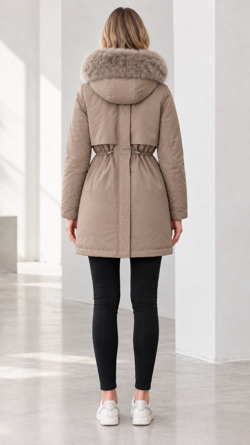 Back view of model wearing taupe hooded winter parka showing drawstring waistline