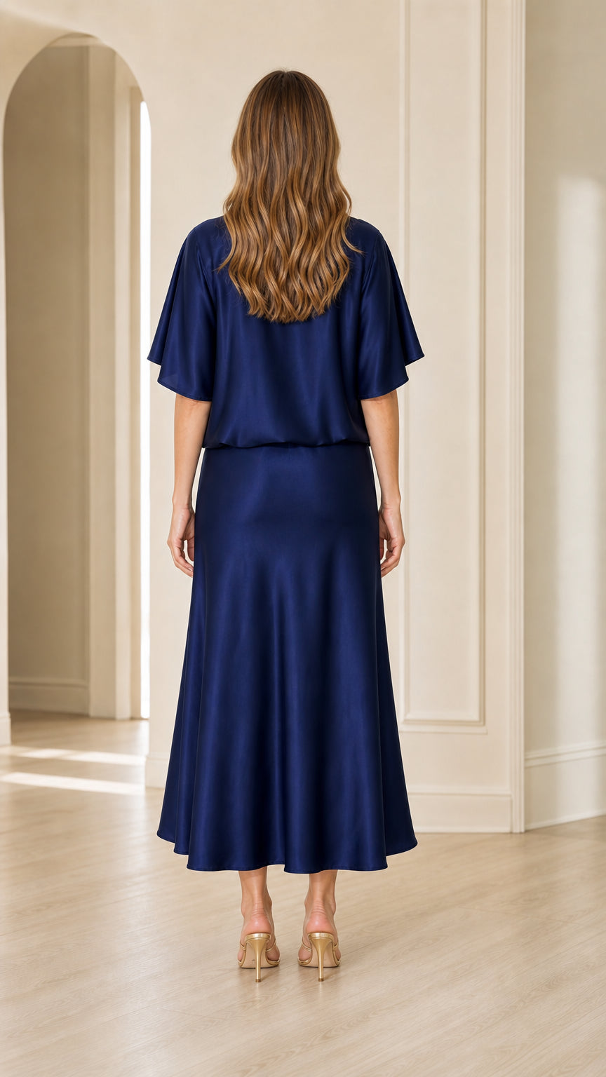 Back view of woman wearing navy blue satin maxi dress with capelet sleeves