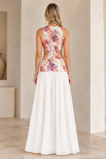 Back view of model wearing White floral cutout maxi dress