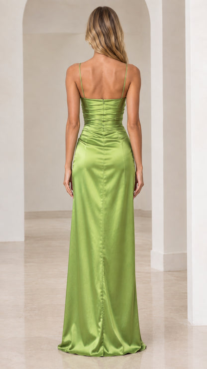 Back view of olive green satin formal maxi dress with straight neckline