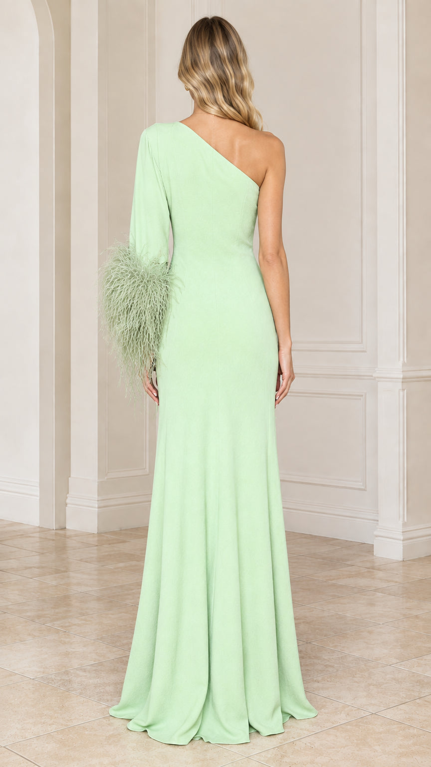 Back view of mint green one-shoulder floor-length gown