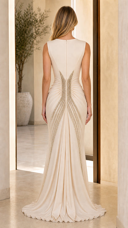 Back view showing sweeping train on champagne formal dress