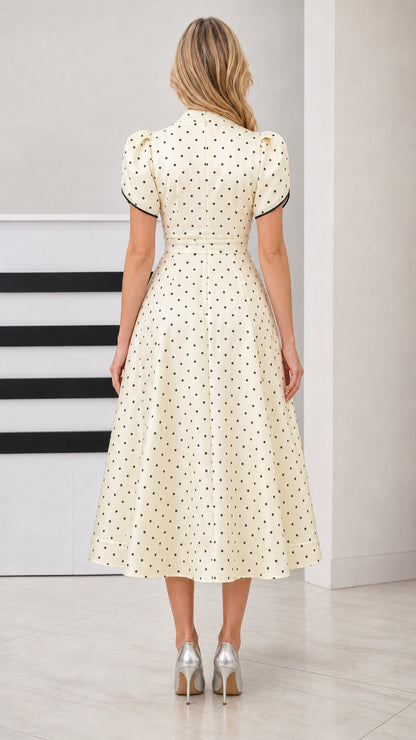 Back view of woman wearing Cream polka dot swing midi dress