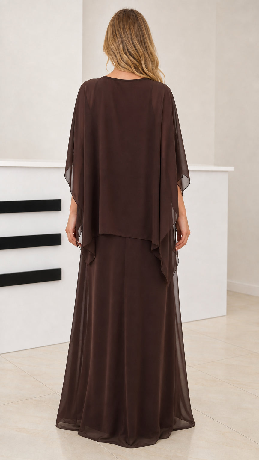 Back view of Coffee Brown flowing chiffon cape overlay evening dress