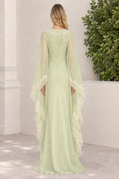 Back view of Sage Green floor length evening gown with lace details