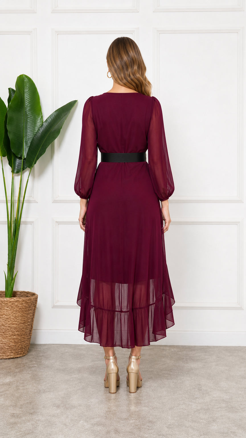 Burgundy high-low formal chiffon dress back view