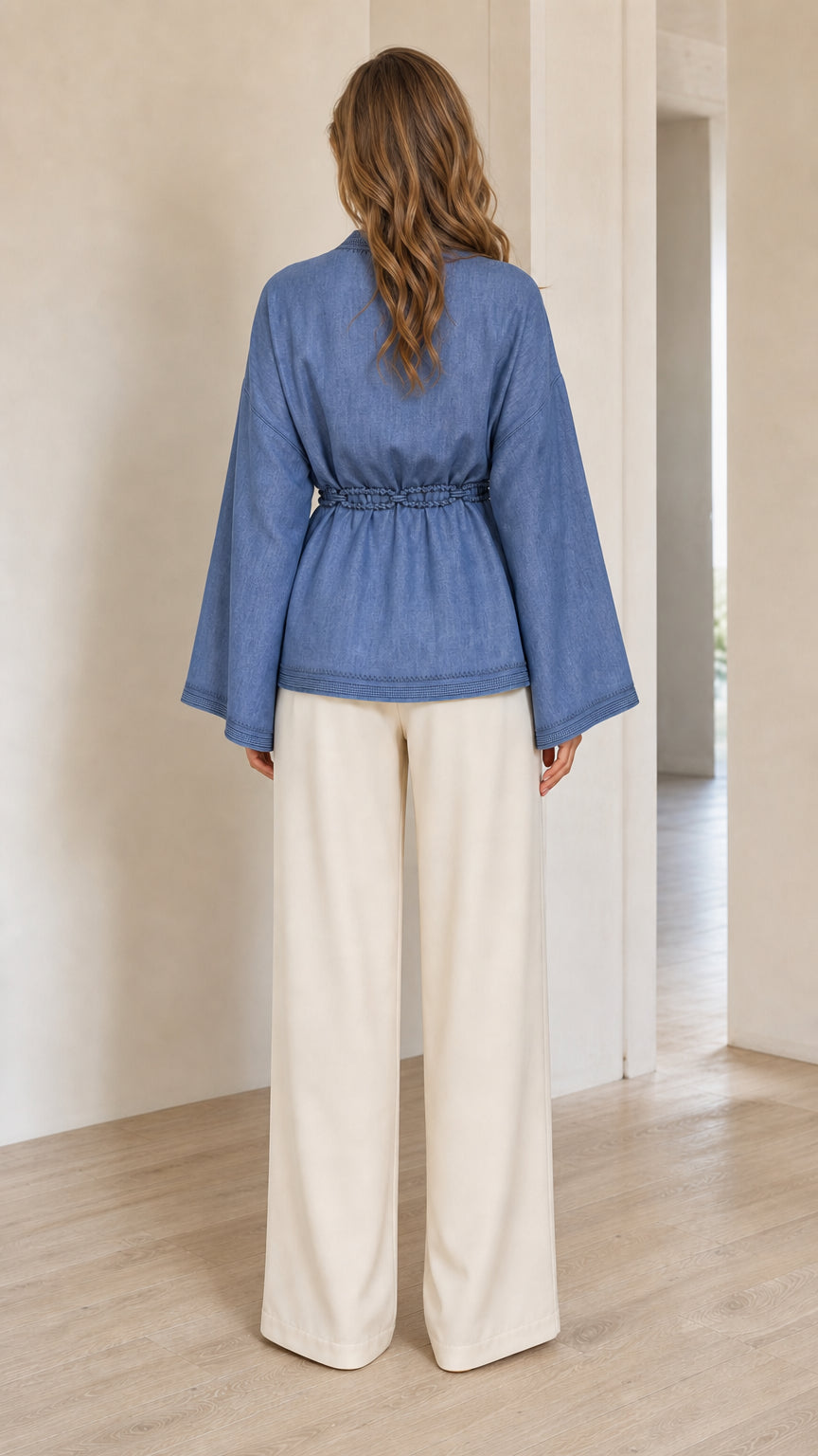 Back view of denim blue flare sleeve blouse with defined waistline and flowing hem