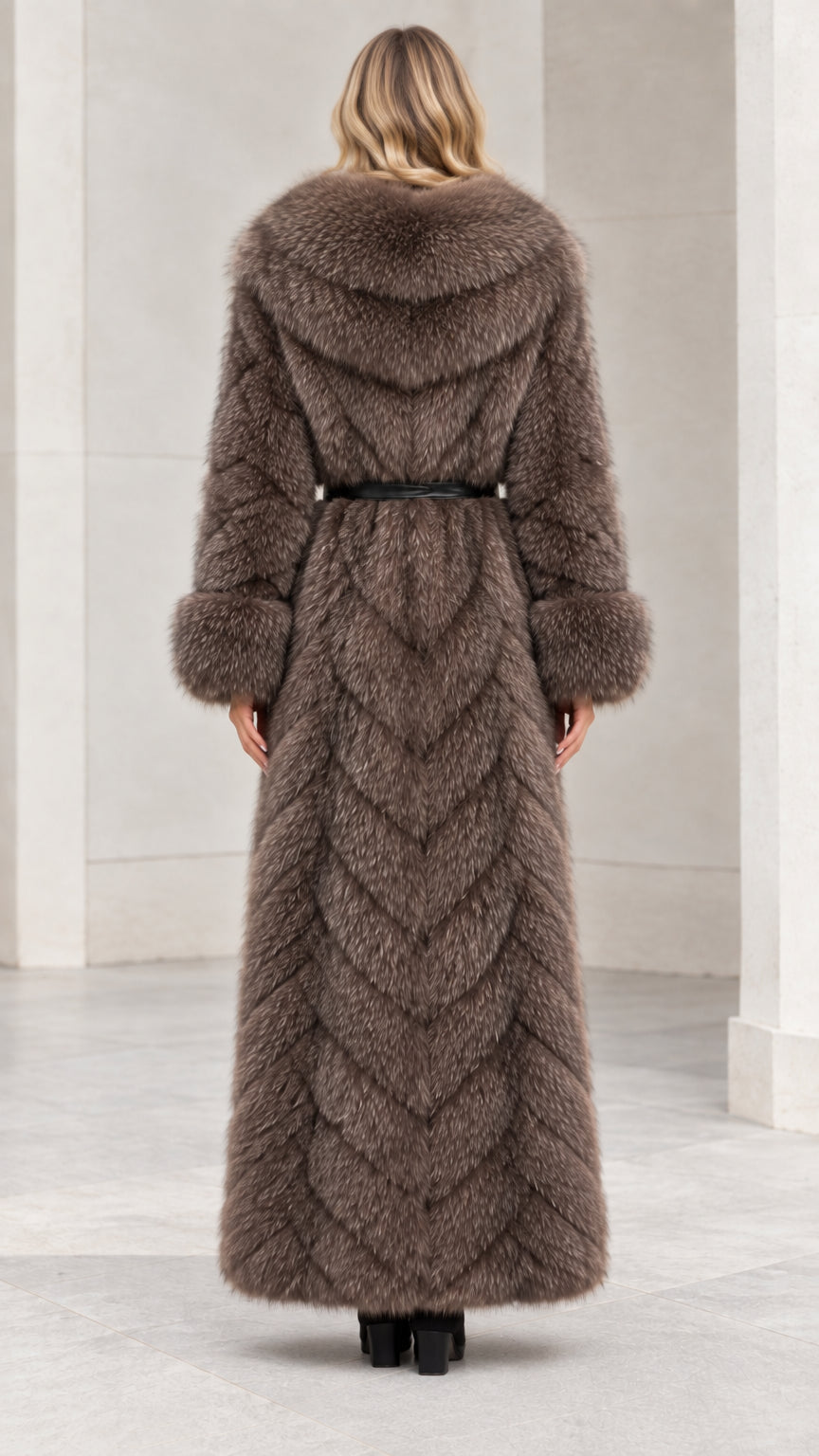 Back view of taupe brown chevron textured faux fur maxi coat