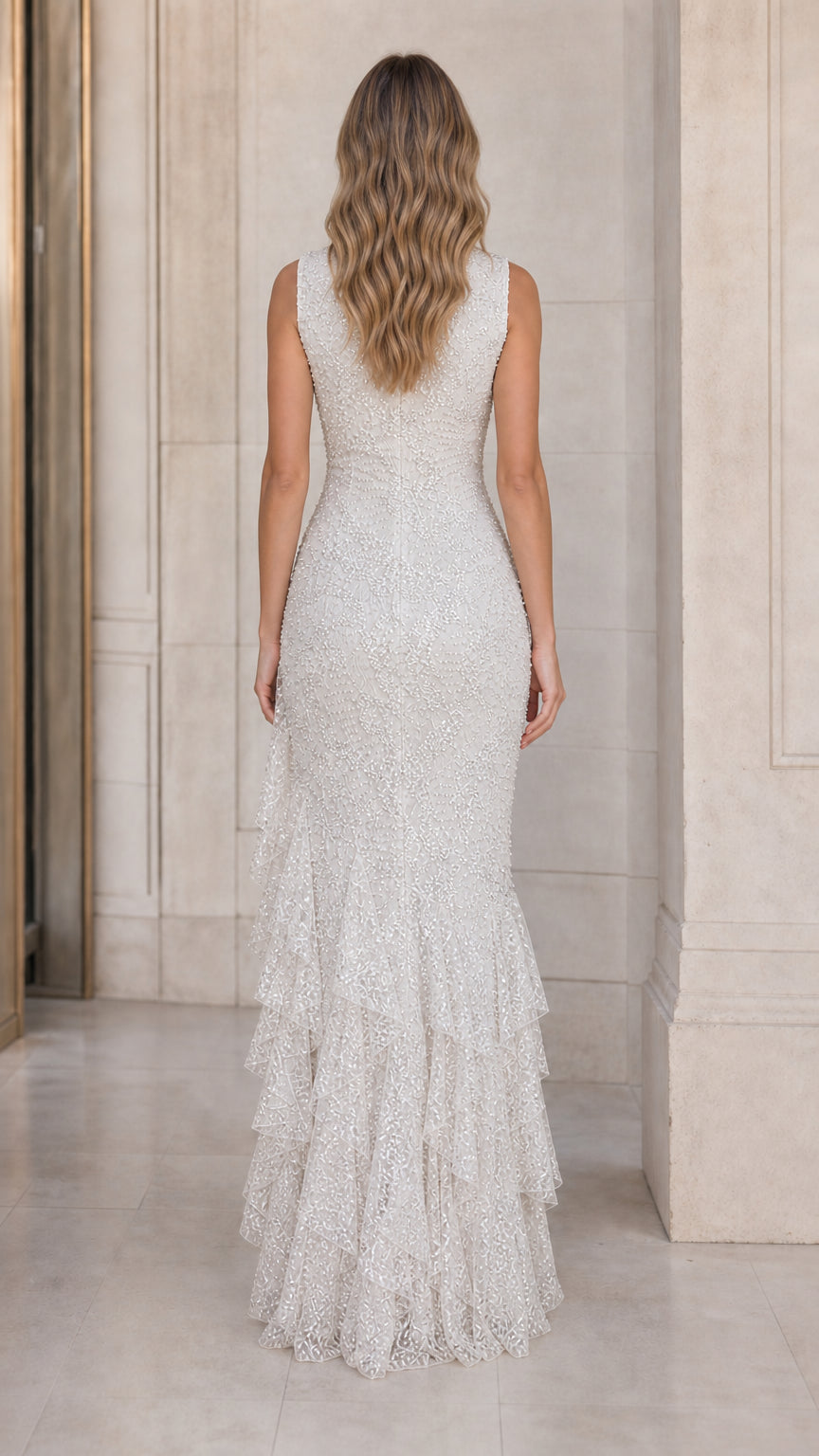 Back view of ivory floor-length high neck evening gown