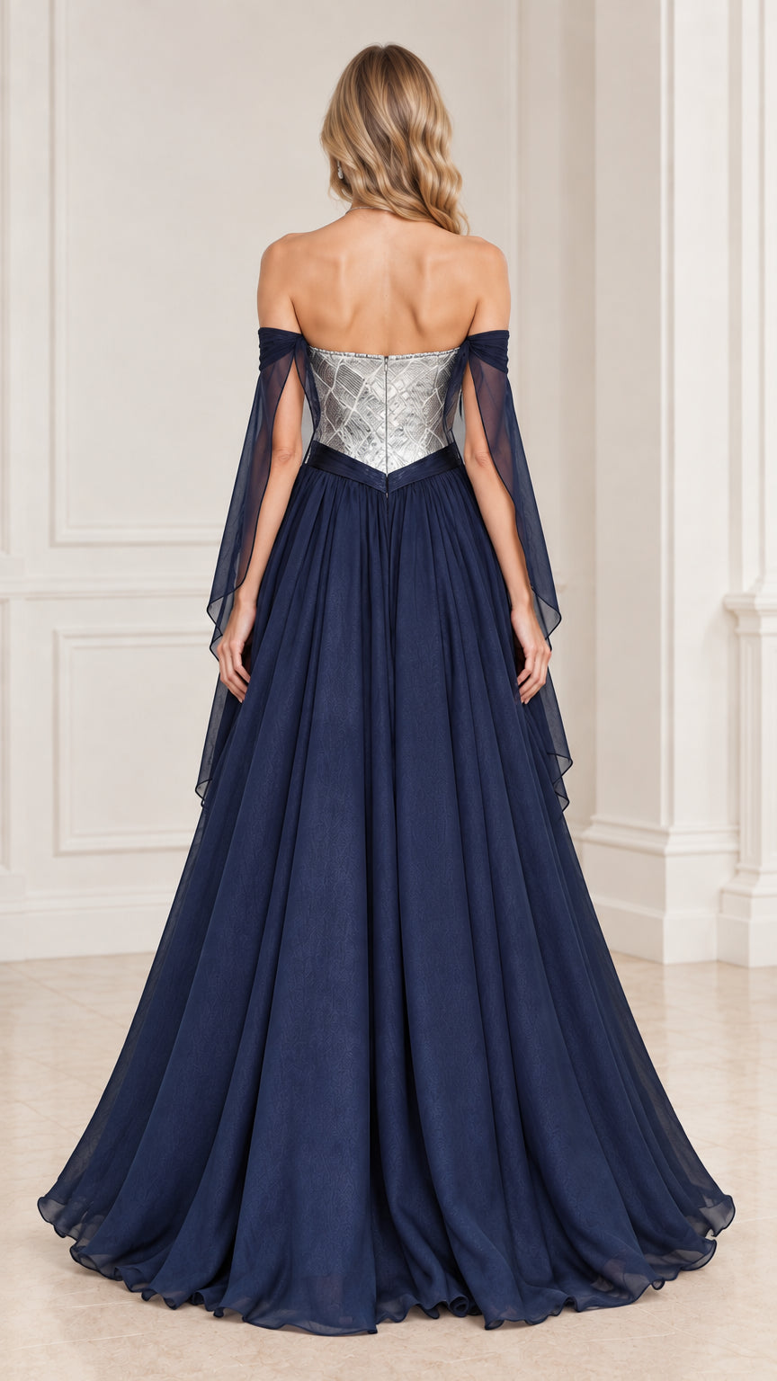 Back view of model showing the corset back and draped sleeve details on Navy Blue evening gown